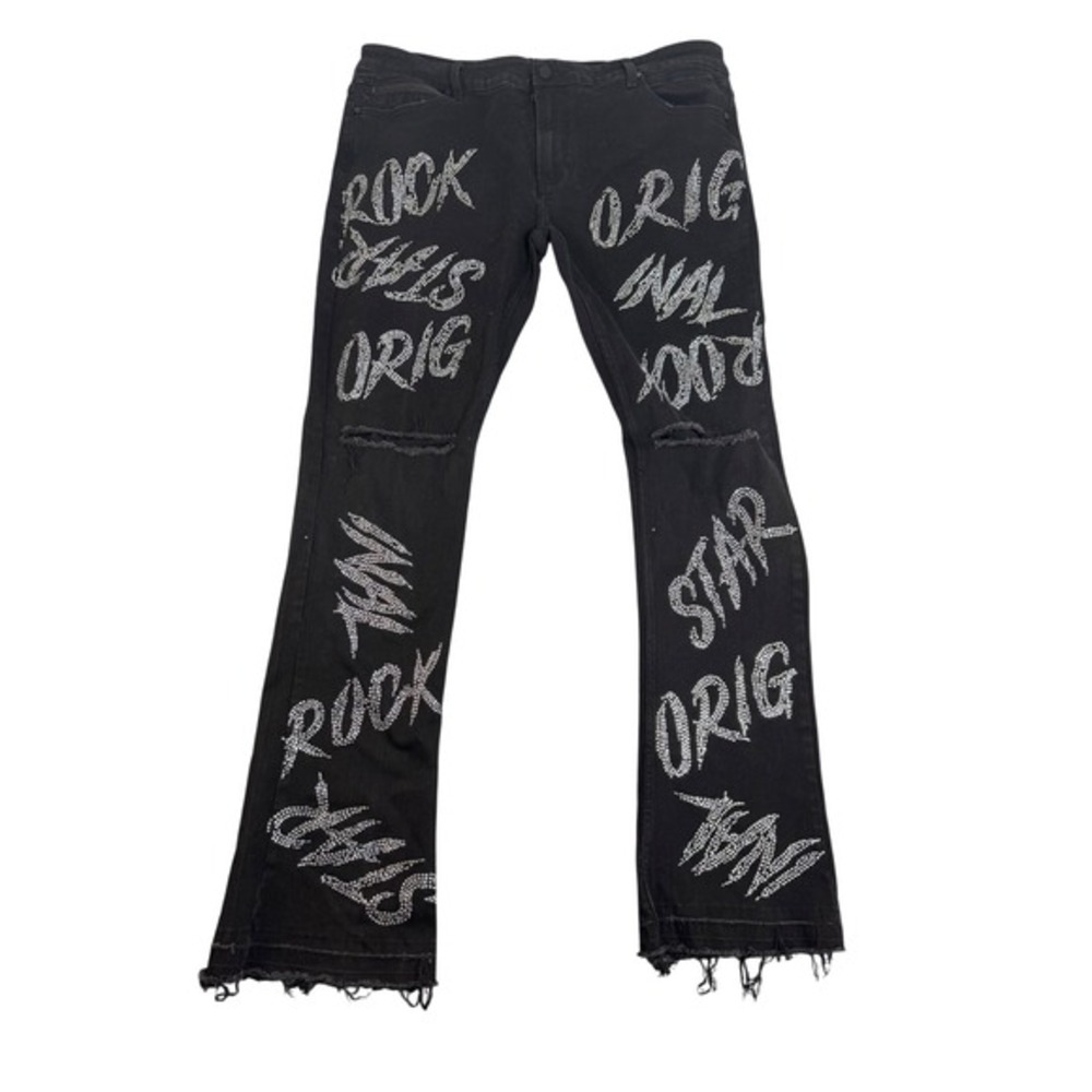 Rockstar Original RSM205 Black Rhinestone‎ Flare Distressed Mens Jeans Size 42